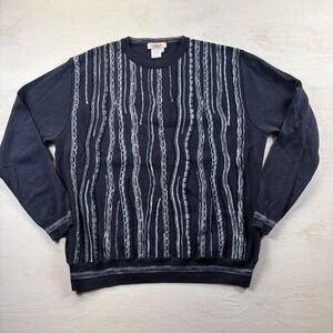 Montechiaro Vtg Mens XL Black Merino Wool Blend 3D Knit Sweater Made in Italy
